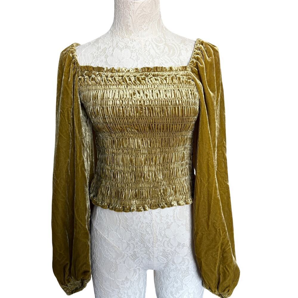 Anthropologie gold velvet smocked top long sleeve crop blouse medium